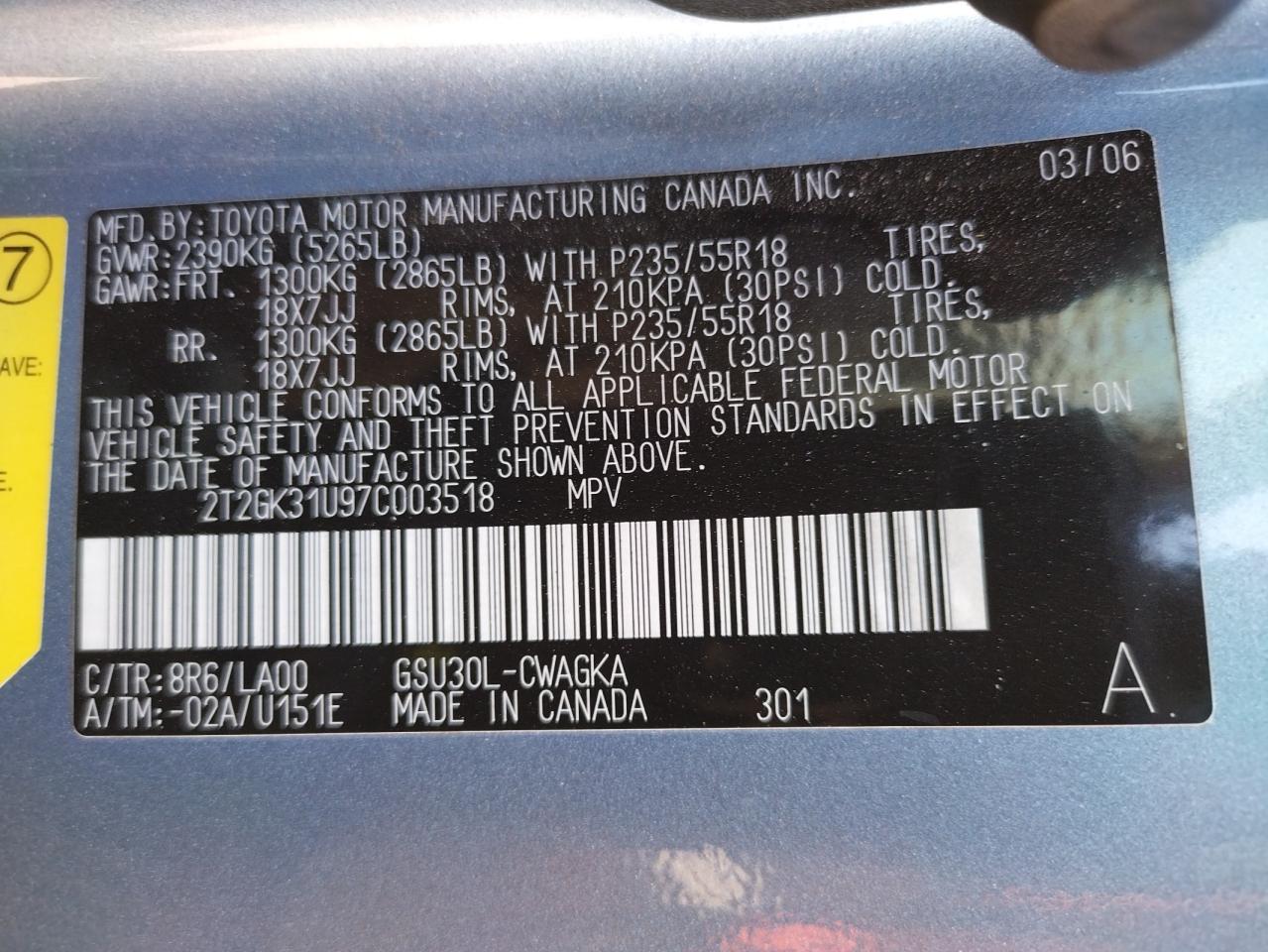 Photo 10 from auction – 2007 LEXUS RX 350 with VIN 2T2GK31U97C003518