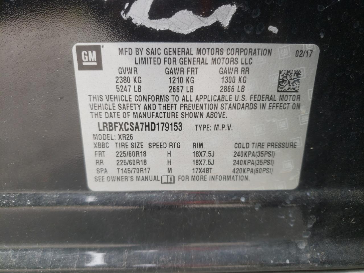 Photo 10 from auction – 2017 BUICK ENVISION P with VIN LRBFXCSA7HD179153