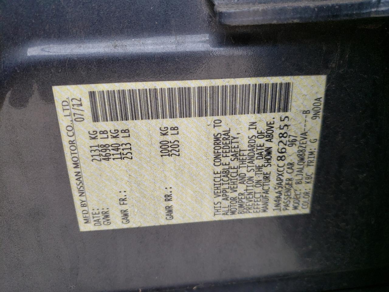 Photo 10 from auction – 2012 NISSAN MAXIMA S with VIN 1N4AA5APXCC862855