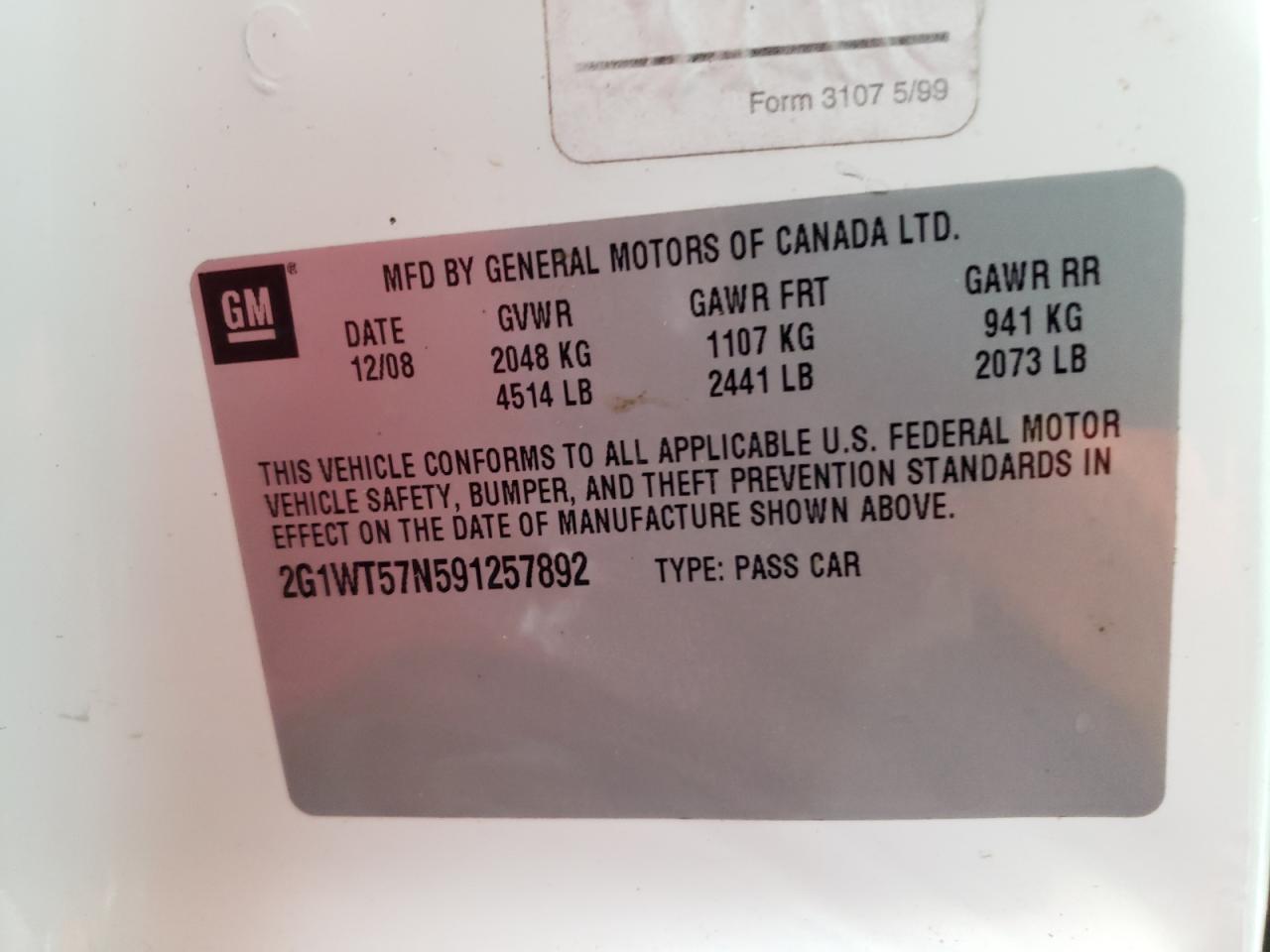 Photo 10 from auction – 2009 CHEVROLET IMPALA 1LT with VIN 2G1WT57N591257892