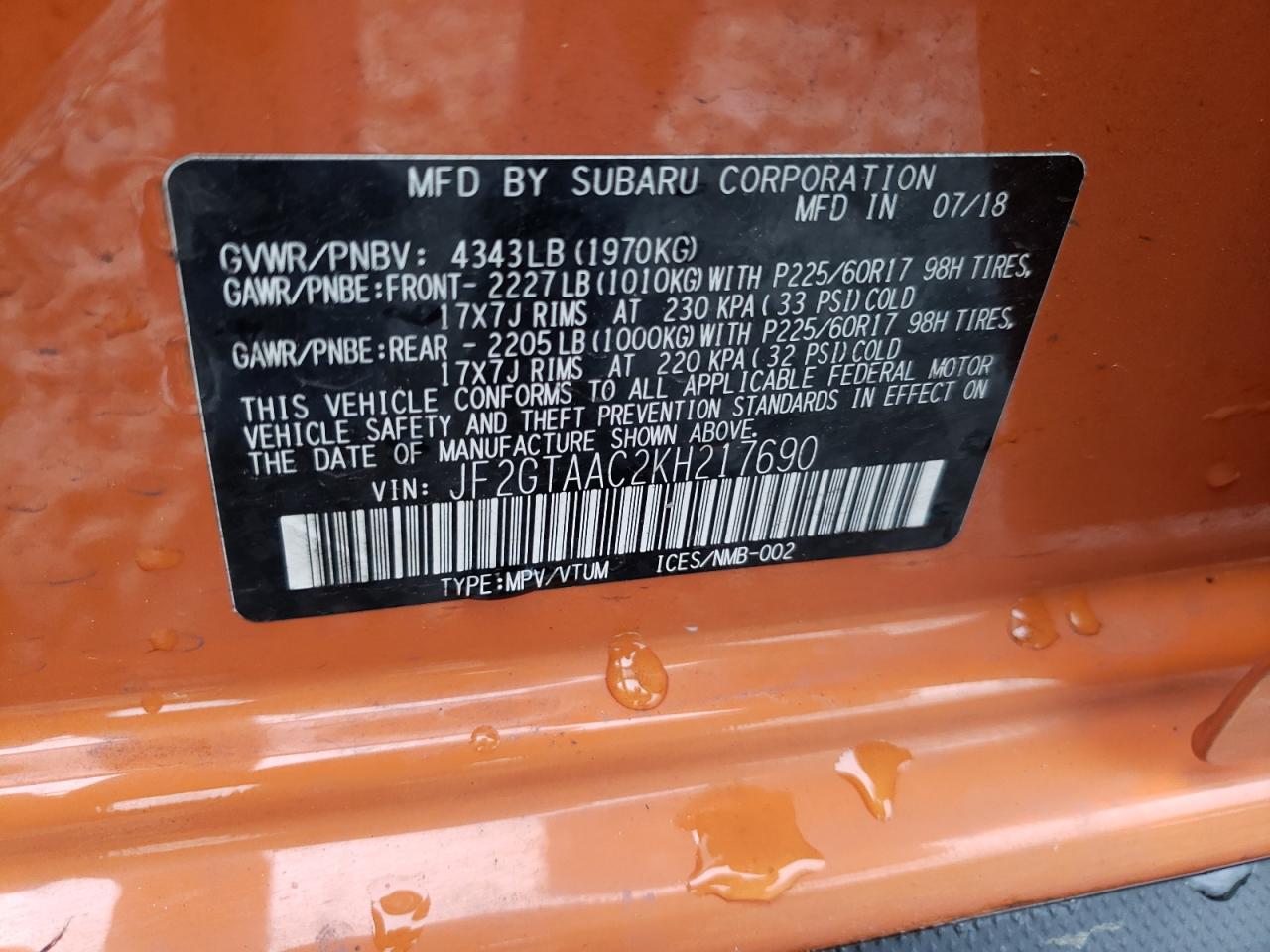 Photo 10 from auction – 2019 SUBARU CROSSTREK with VIN JF2GTAAC2KH217690