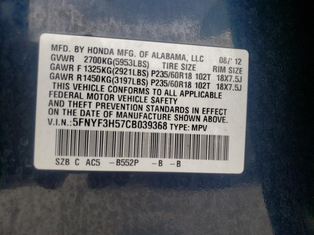 Фото 10 с аукциона – 2012 HONDA PILOT EXL с VIN 5FNYF3H57CB039368