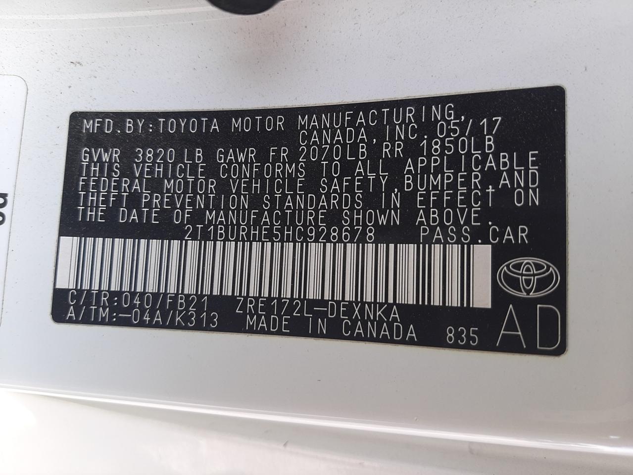 Photo 10 from auction – 2017 TOYOTA COROLLA L with VIN 2T1BURHE5HC928678