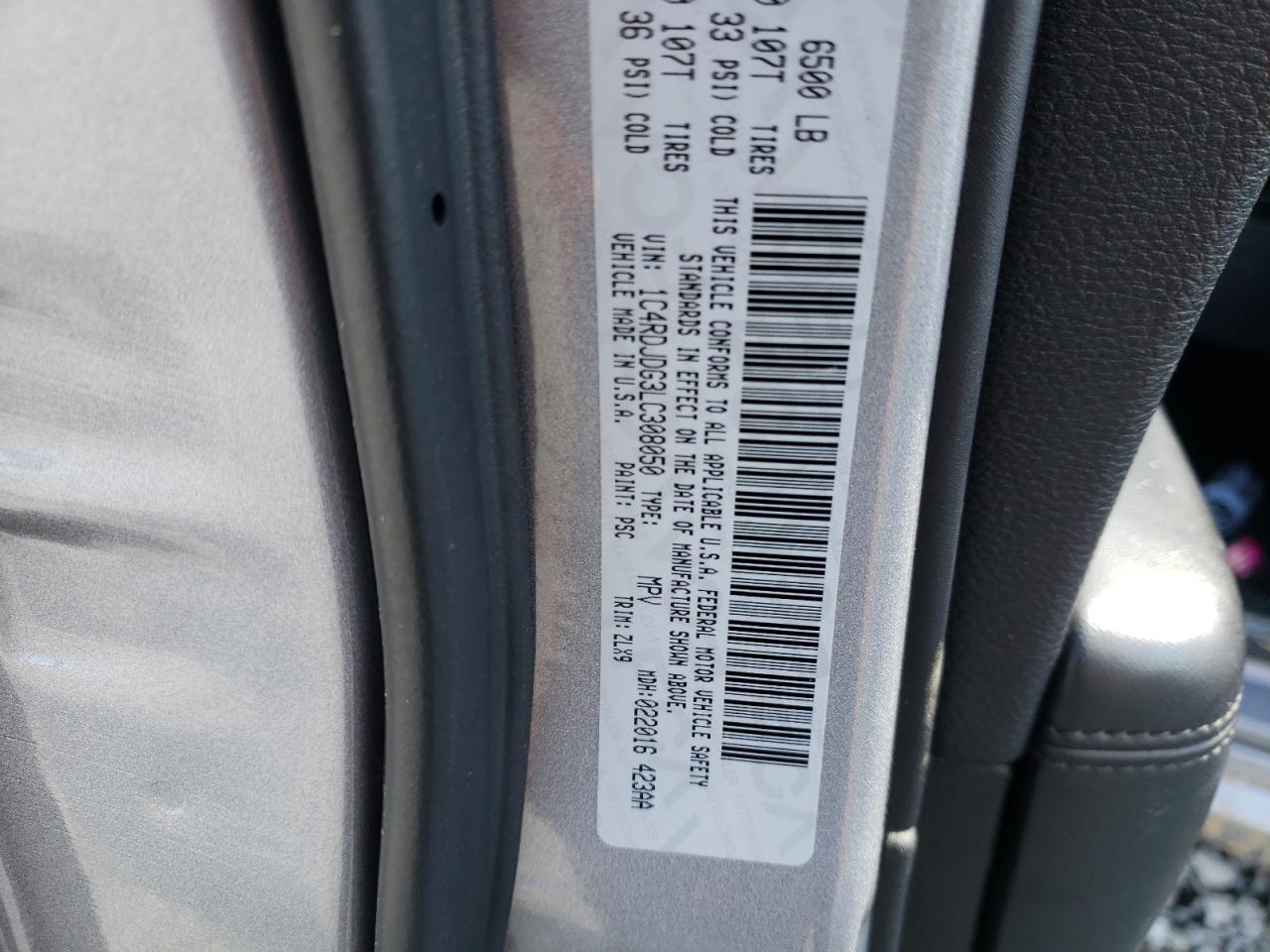Photo 10 from auction – 2020 DODGE DURANGO GT with VIN 1C4RDJDG3LC308050
