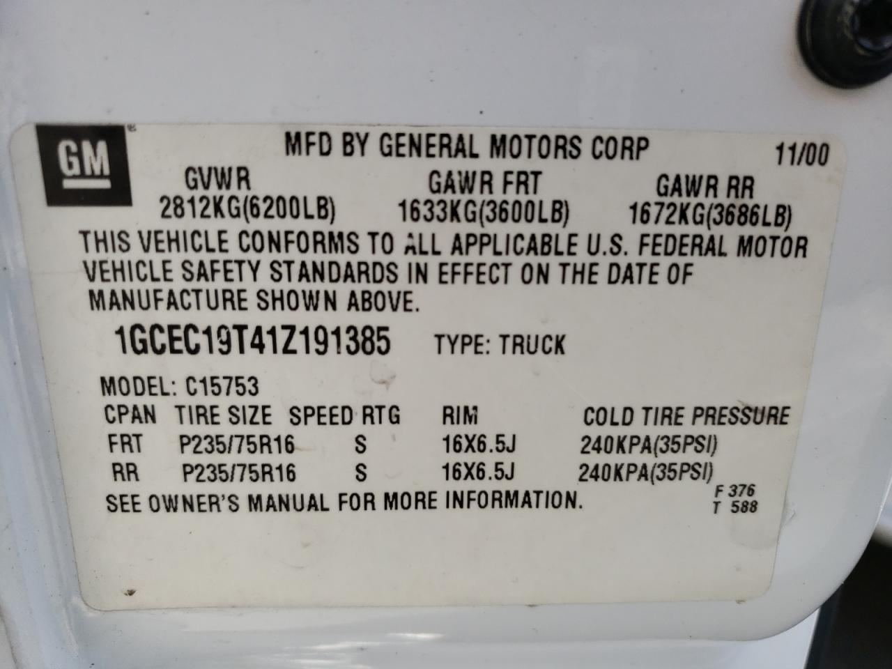 Photo 10 from auction – 2001 CHEVROLET SILVRDO LT with VIN 1GCEC19T41Z191385