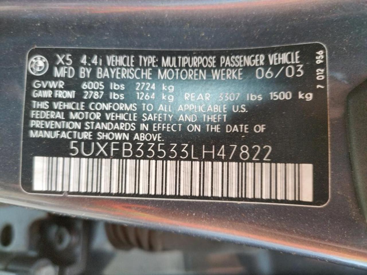 Photo 10 from auction – 2003 BMW X5 4.4I with VIN 5UXFB33533LH47822