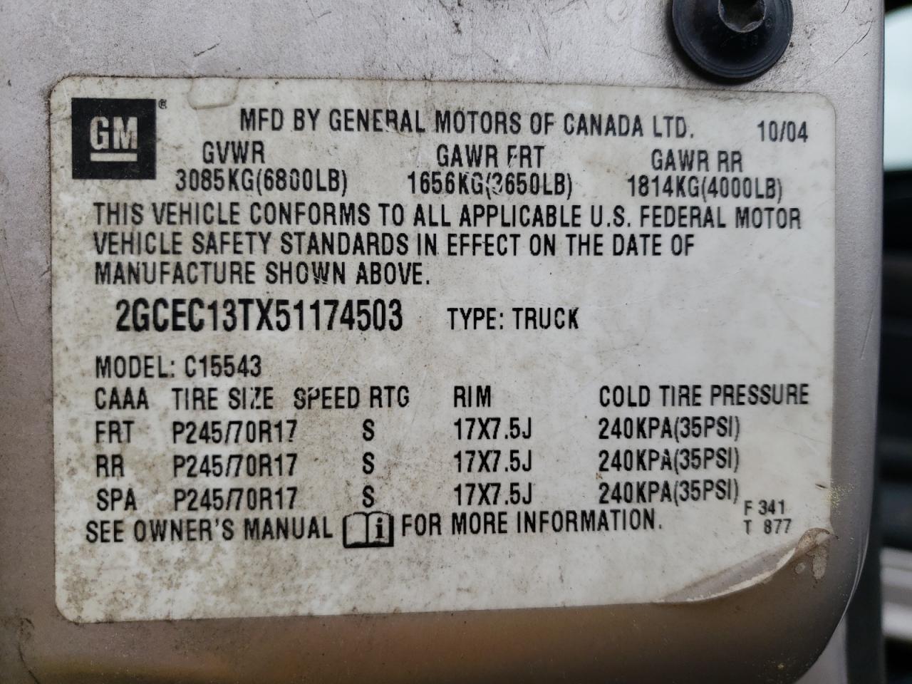 Photo 10 from auction – 2005 CHEVROLET SILVRDO LT with VIN 2GCEC13TX51174503