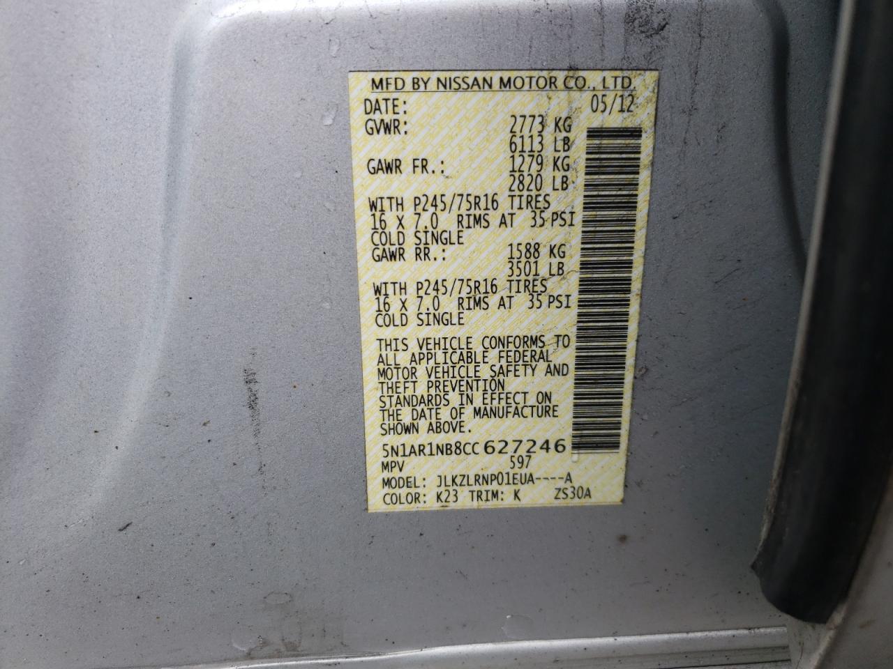 Photo 10 from auction – 2012 NISSAN PATHFINDER with VIN 5N1AR1NB8CC627246