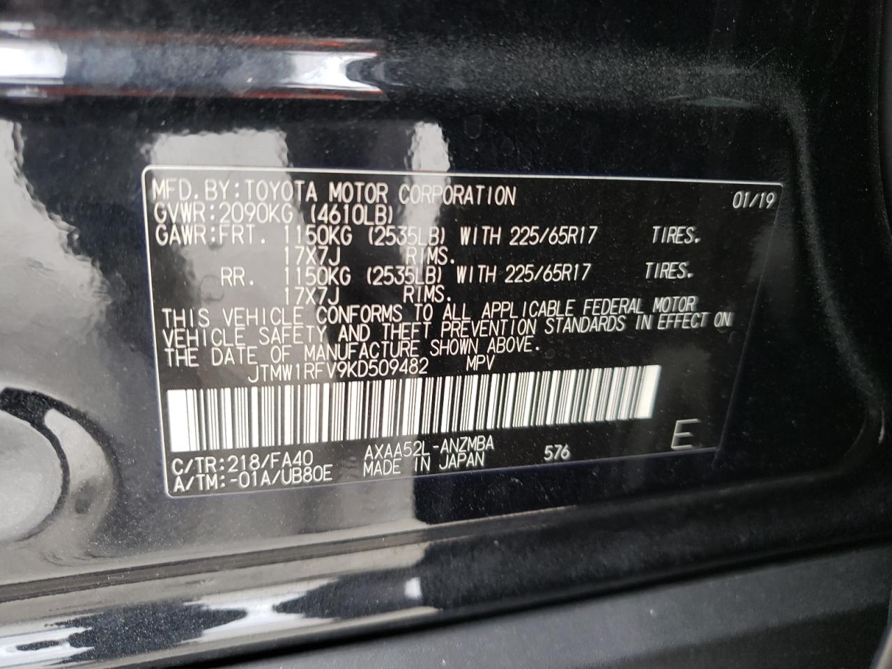 Photo 10 from auction – 2019 TOYOTA RAV4 XLE with VIN JTMW1RFV9KD509482
