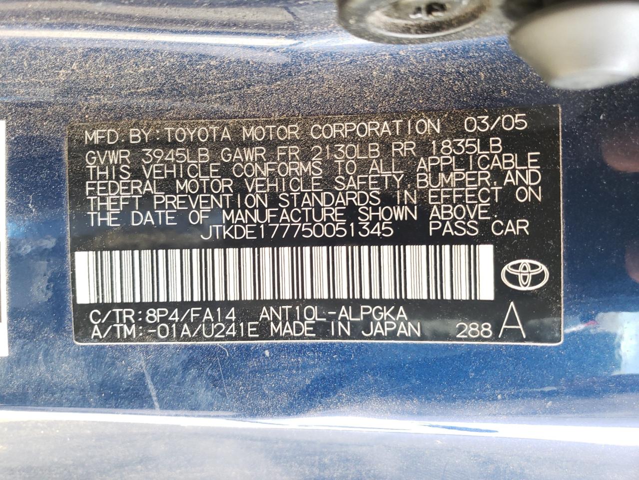 Photo 10 from auction – 2005 SCION TC with VIN JTKDE177750051345