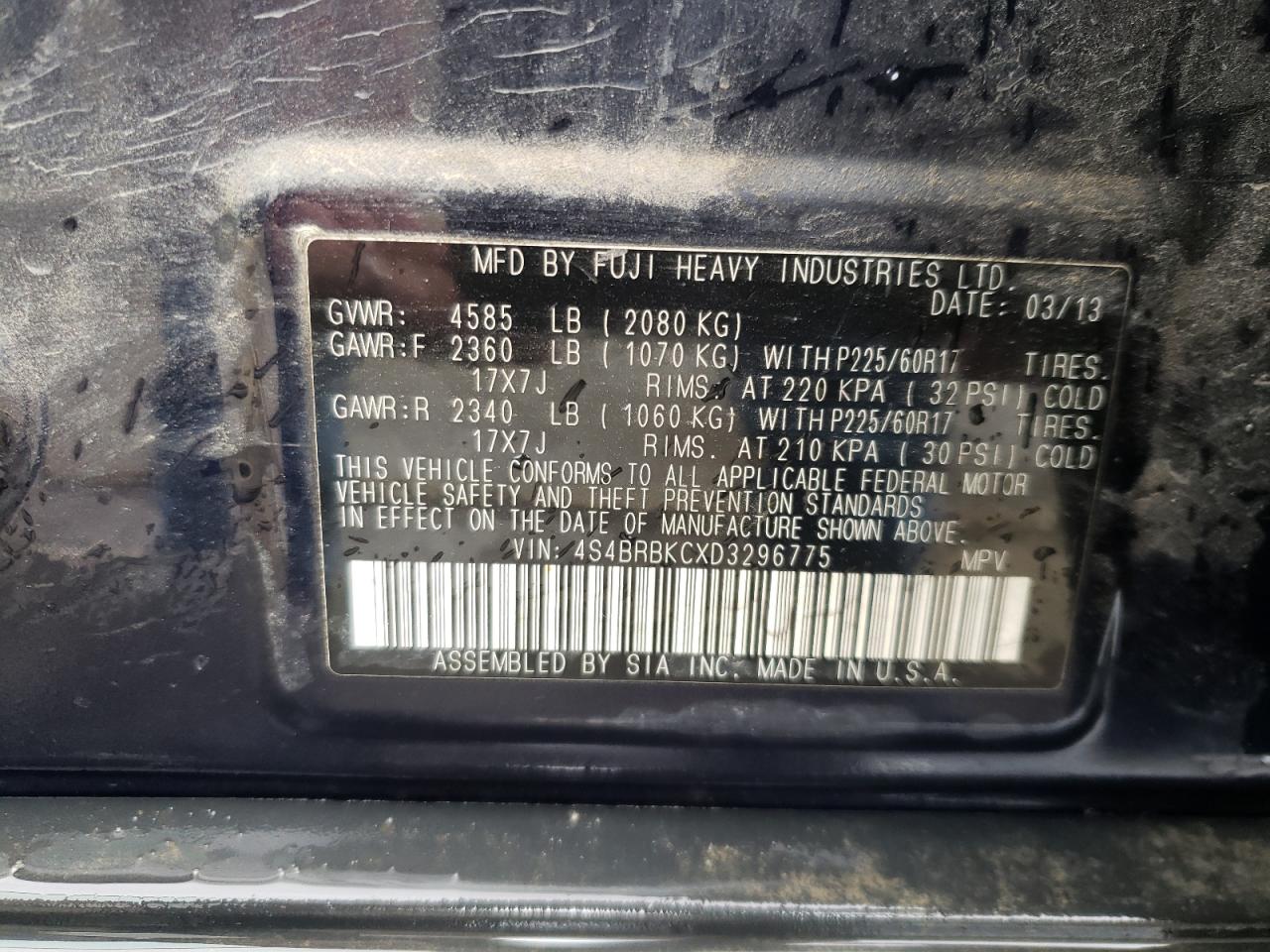 Photo 10 from auction – 2013 SUBARU OUTBACK 2. with VIN 4S4BRBKCXD3296775