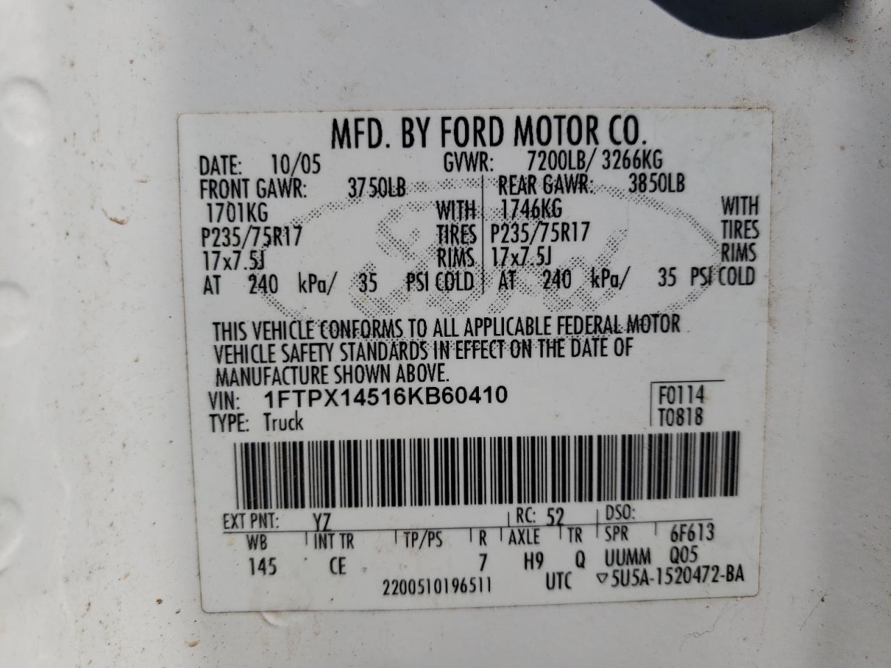 Photo 10 from auction – 2006 FORD F150 with VIN 1FTPX14516KB60410