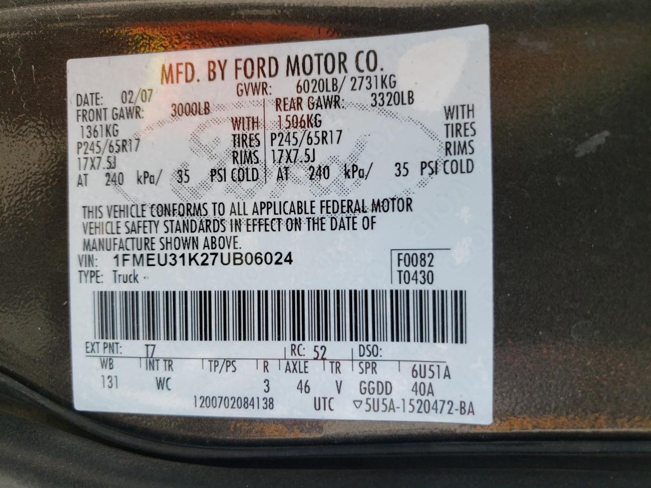 Photo 10 from auction – 2007 FORD EXPLORER S with VIN 1FMEU31K27UB06024