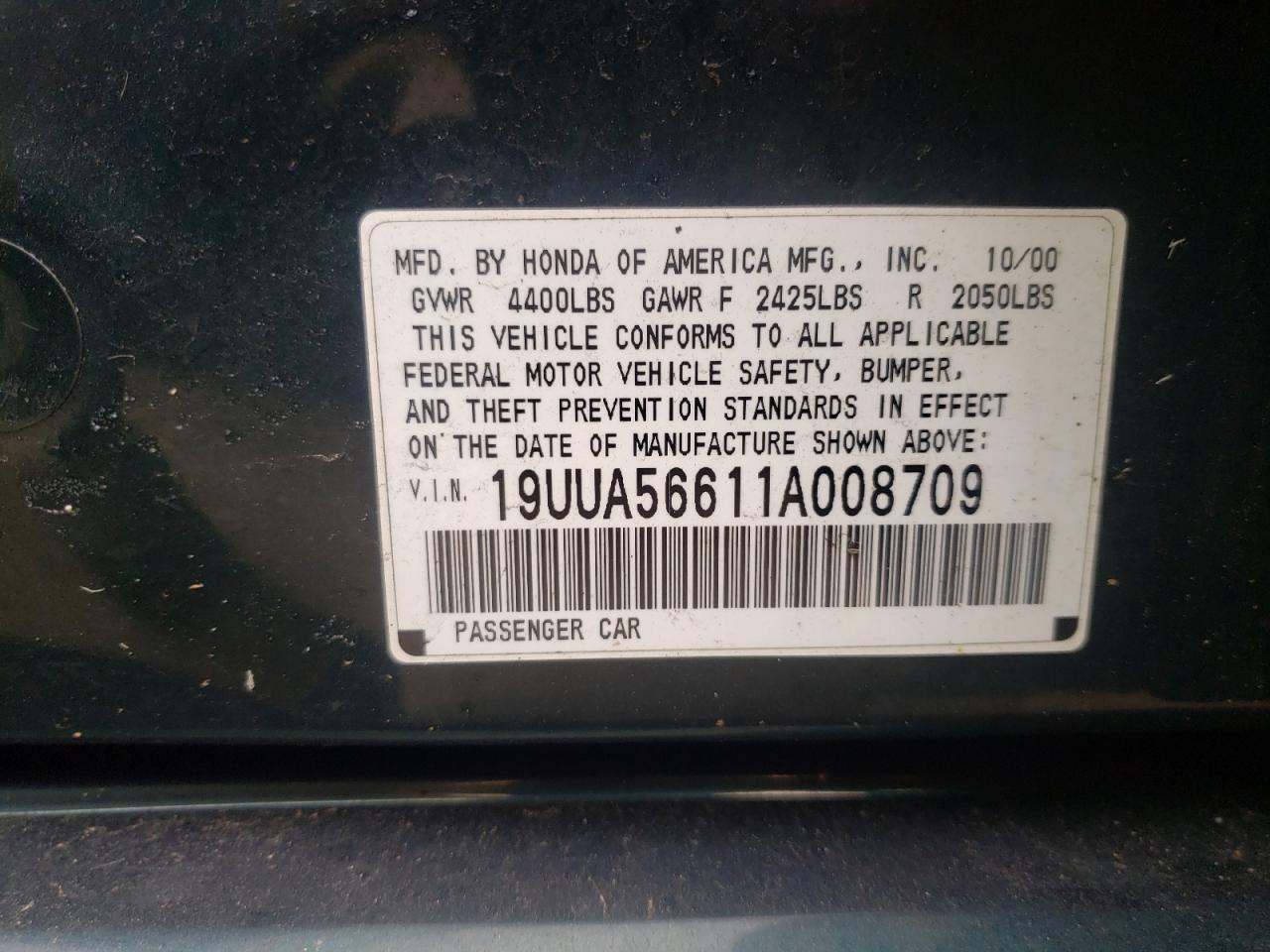 Photo 10 from auction – 2001 ACURA 3.2TL with VIN 19UUA56611A008709