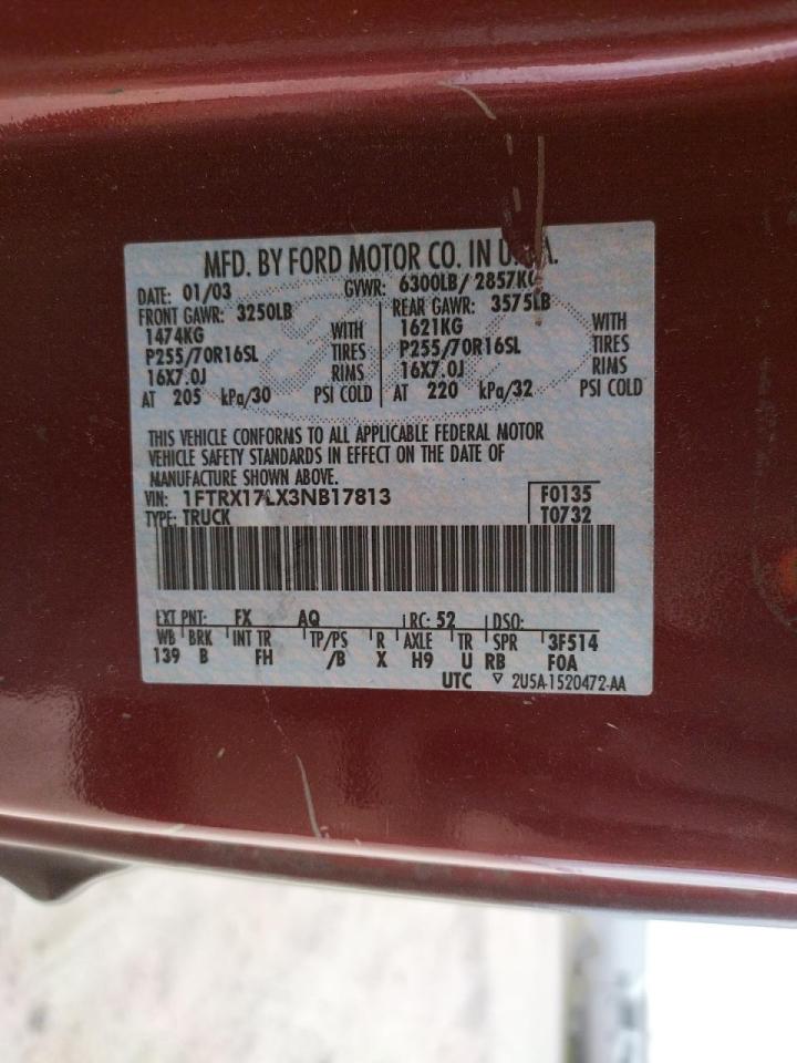 Photo 10 from auction – 2003 FORD F150 with VIN 1FTRX17LX3NB17813