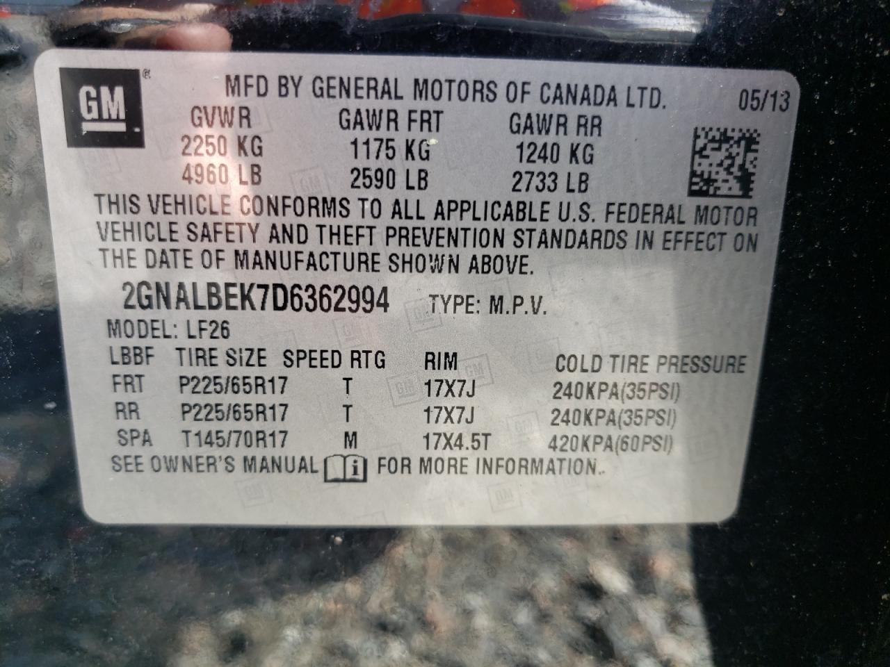 Photo 10 from auction – 2013 CHEVROLET EQUINOX LS with VIN 2GNALBEK7D6362994