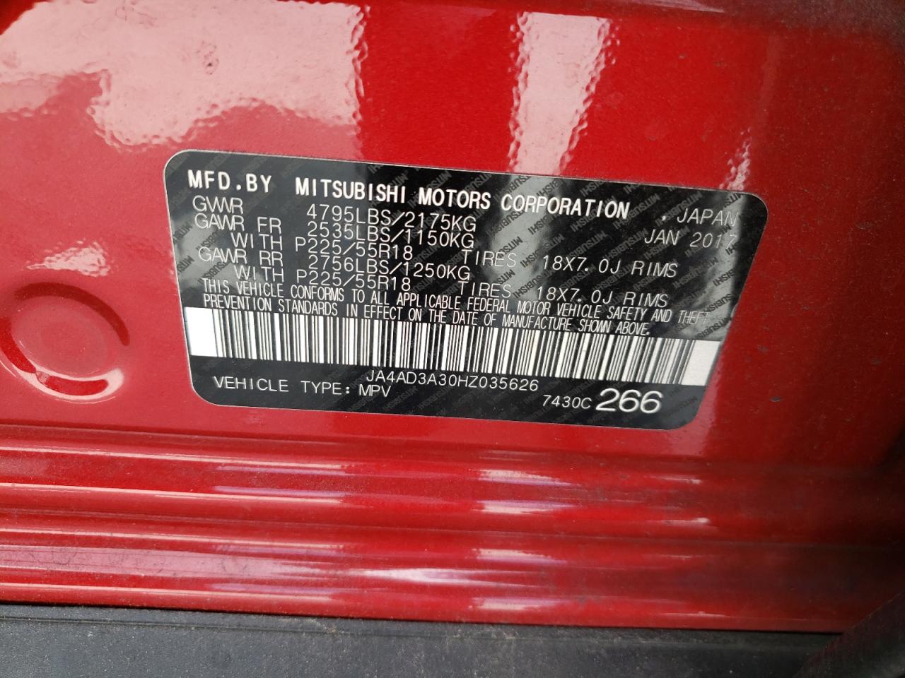 Photo 10 from auction – 2017 MITSUBISHI OUTLANDER with VIN JA4AD3A30HZ035626