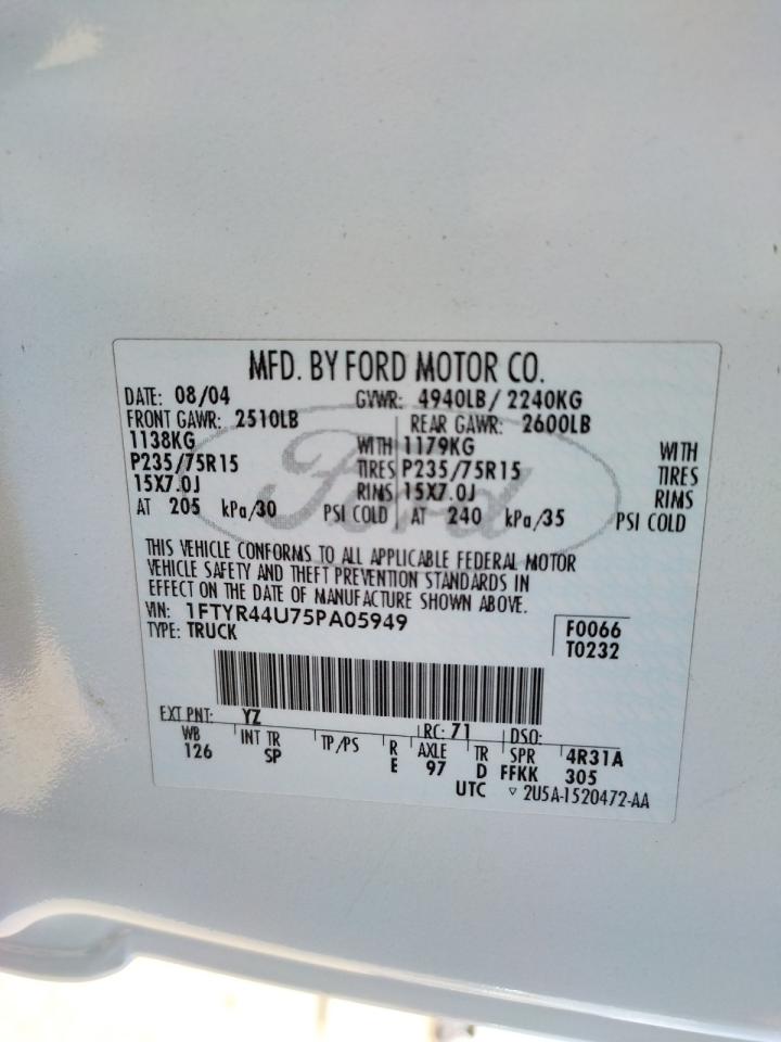 Photo 10 from auction – 2005 FORD RANGER SUP with VIN 1FTYR44U75PA05949