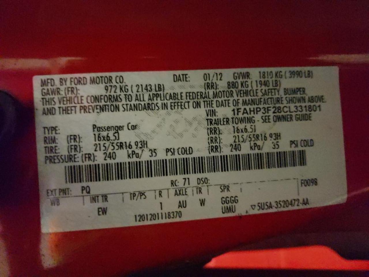 Photo 10 from auction – 2012 FORD FOCUS SE with VIN 1FAHP3F28CL331801