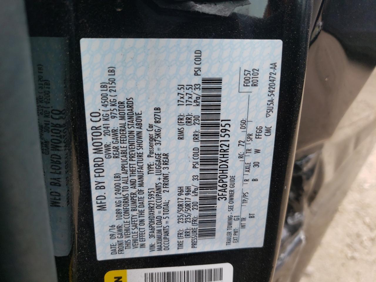 Photo 10 from auction – 2017 FORD FUSION SE with VIN 3FA6P0HDXHR215951
