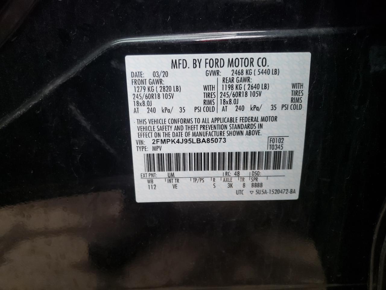Photo 10 from auction – 2020 FORD EDGE SEL with VIN 2FMPK4J95LBA85073