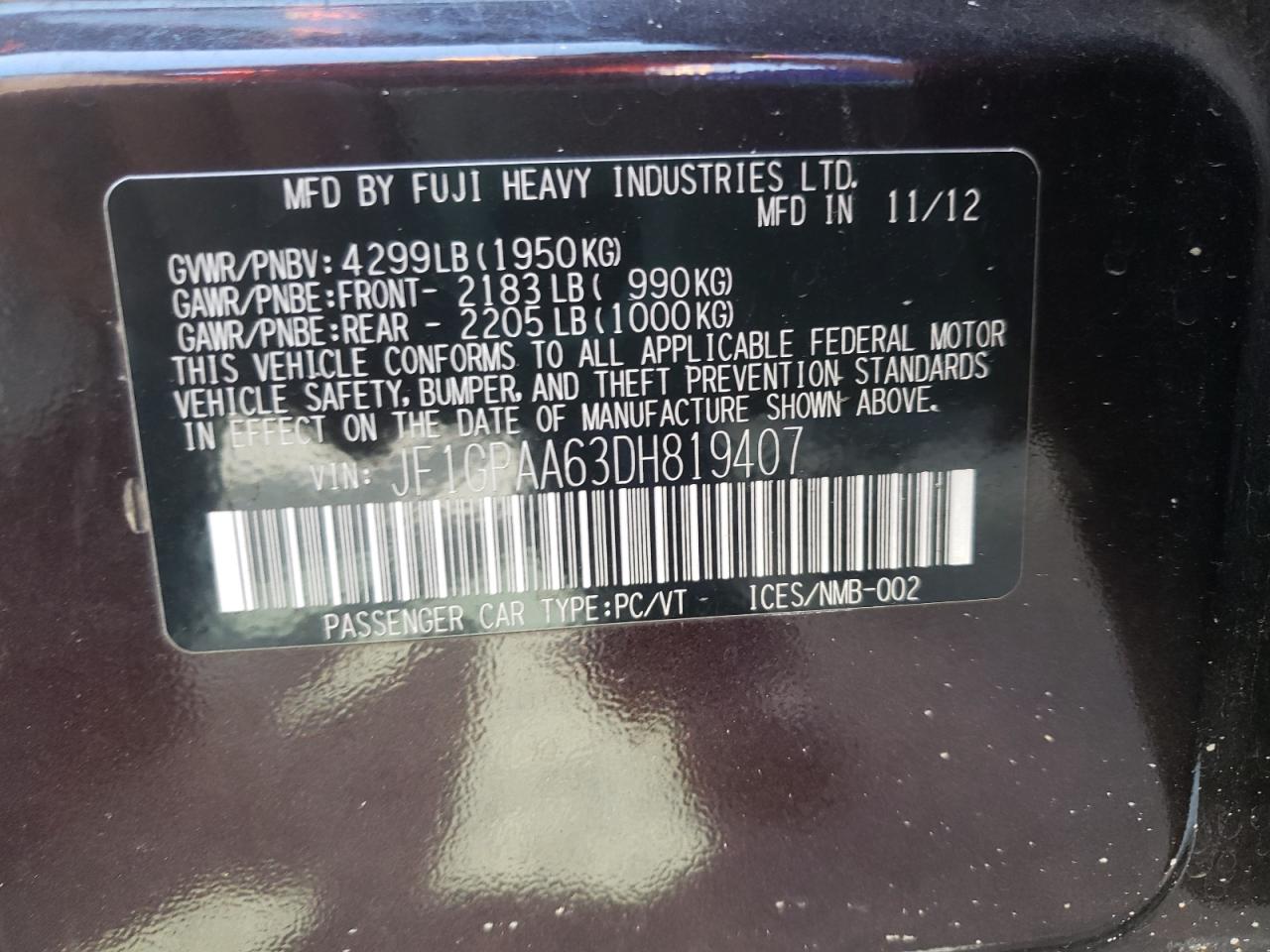 Photo 10 from auction – 2013 SUBARU IMPREZA with VIN JF1GPAA63DH819407