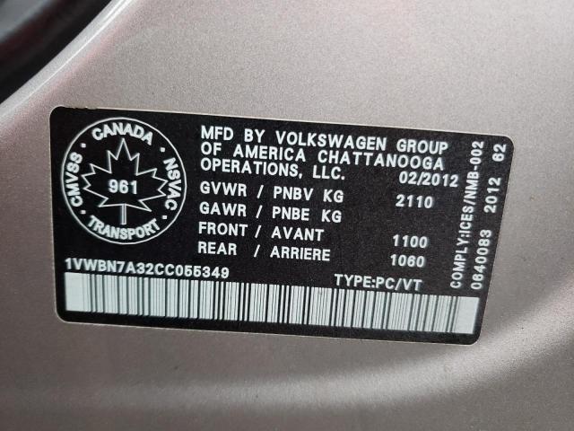 Photo 10 from auction – 2012 VOLKSWAGEN PASSAT SE with VIN 1VWBN7A32CC055349