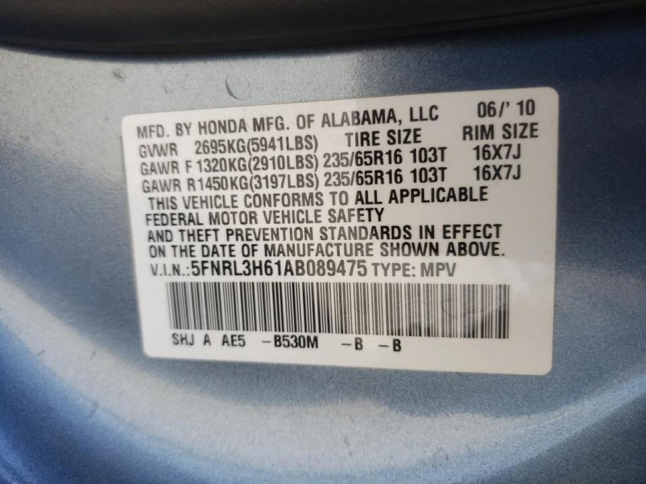 Photo 10 from auction – 2010 HONDA ODYSSEY EX with VIN 5FNRL3H61AB089475