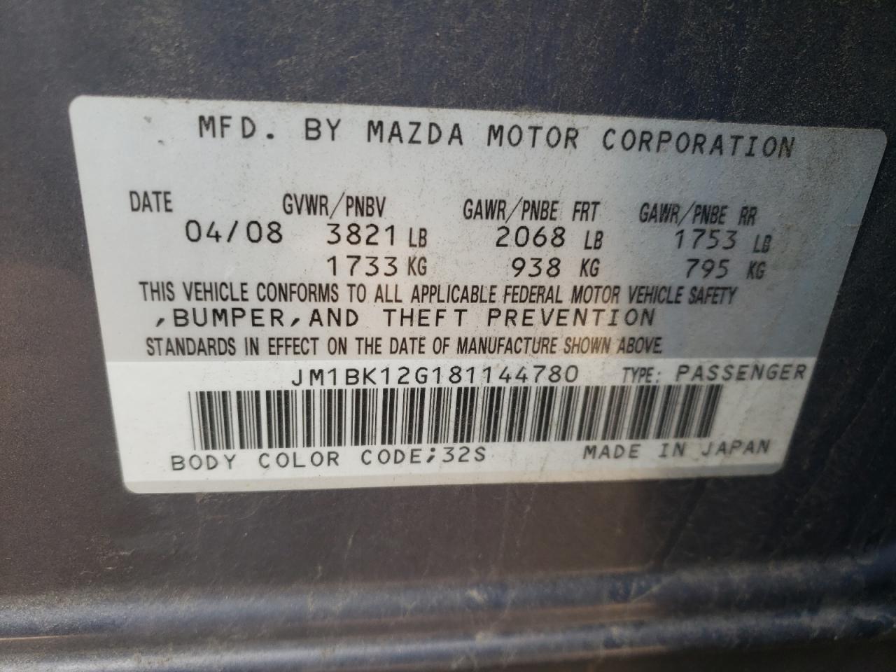 Photo 10 from auction – 2008 MAZDA 3 I with VIN JM1BK12G181144780