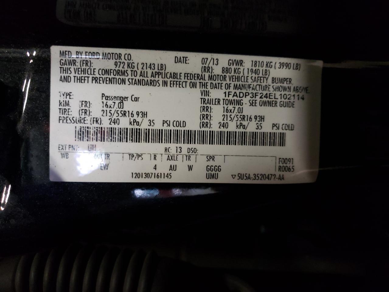 Photo 10 from auction – 2014 FORD FOCUS SE with VIN 1FADP3F24EL102114
