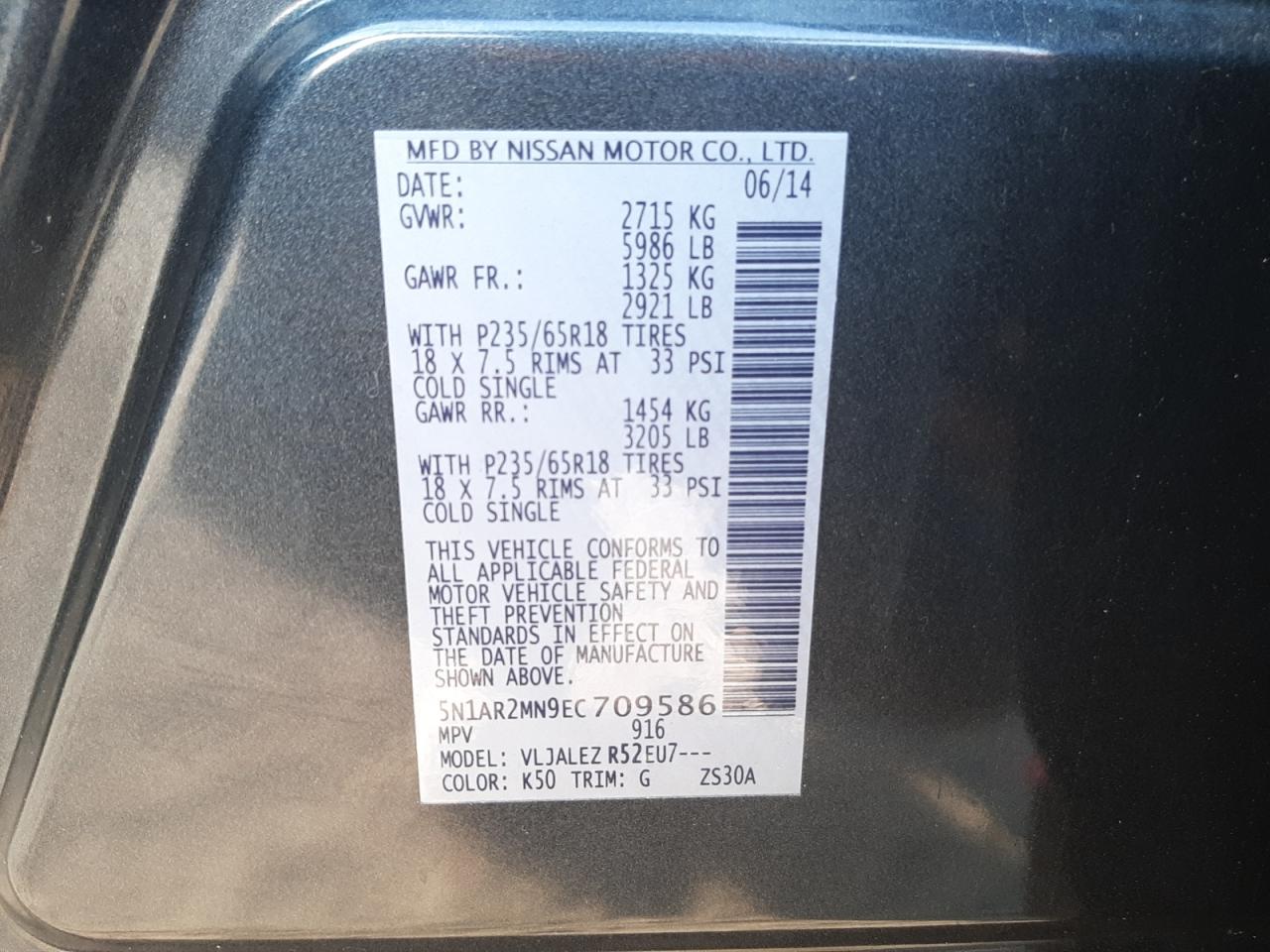 Фото 10 с аукциона – 2014 NISSAN PATHFINDER с VIN 5N1AR2MN9EC709586