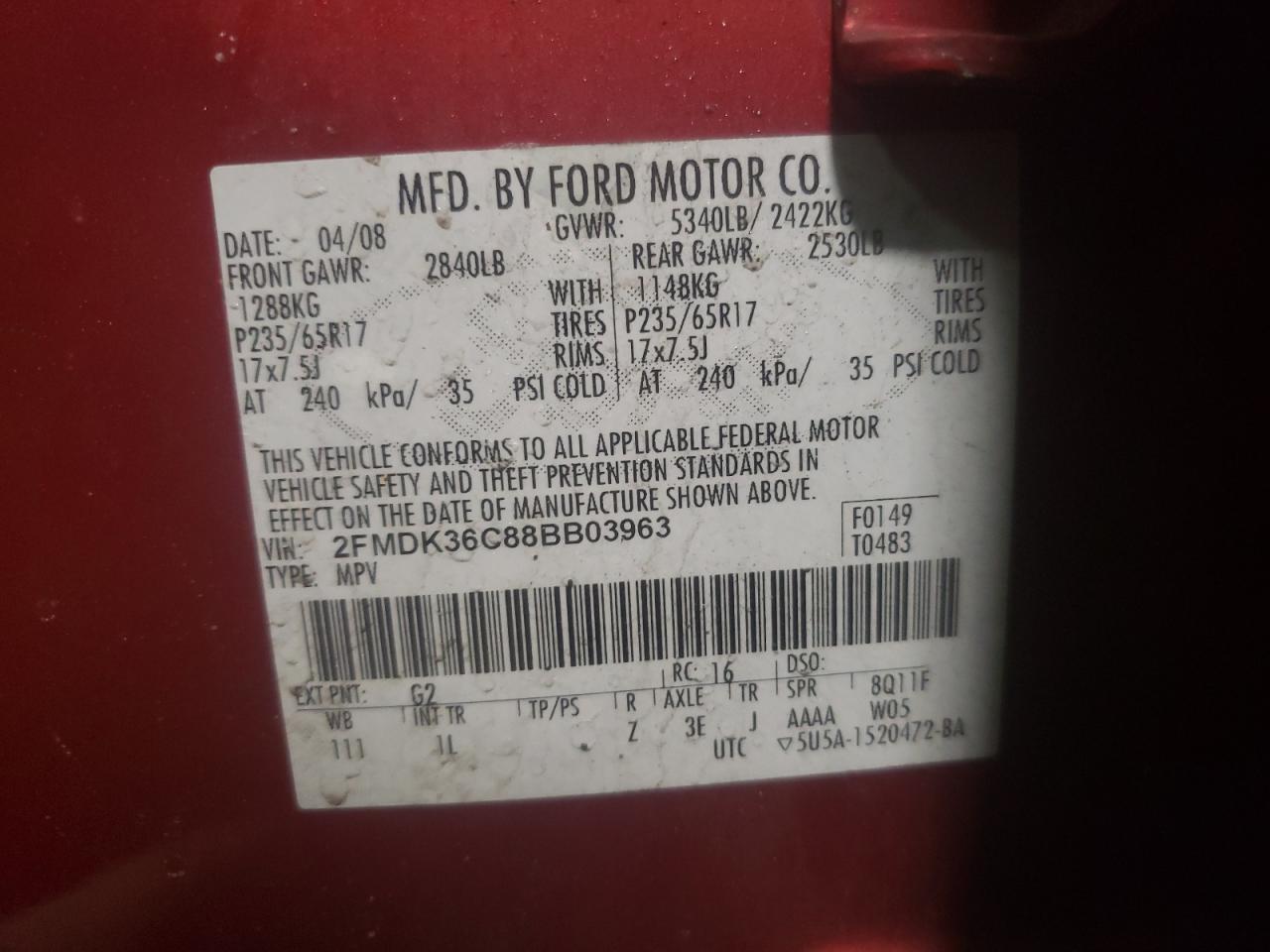 Photo 10 from auction – 2008 FORD EDGE SE with VIN 2FMDK36C88BB03963