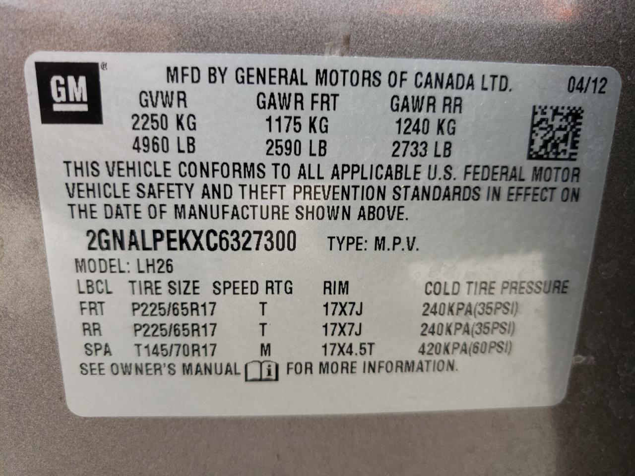 Photo 10 from auction – 2012 CHEVROLET EQUINOX LT with VIN 2GNALPEKXC6327300