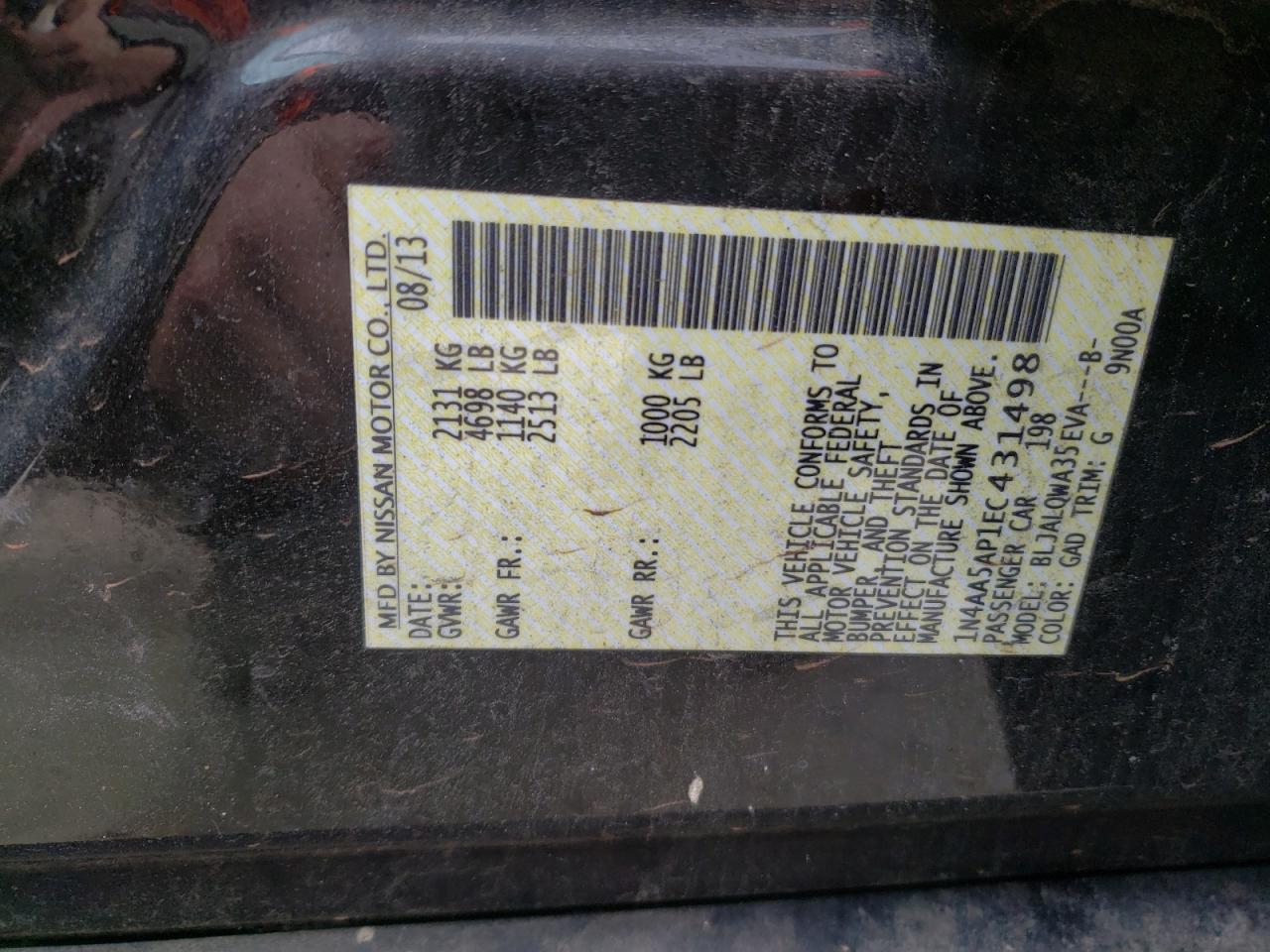 Photo 10 from auction – 2014 NISSAN MAXIMA S with VIN 1N4AA5AP1EC431498