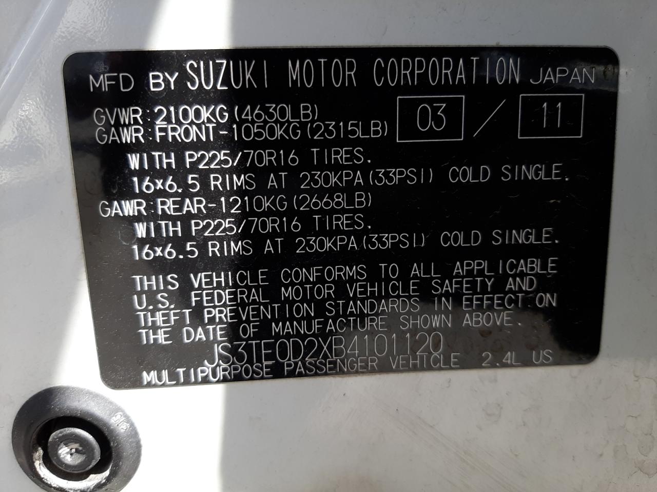Photo 10 from auction – 2011 SUZUKI GRAND VITA with VIN JS3TE0D2XB4101120