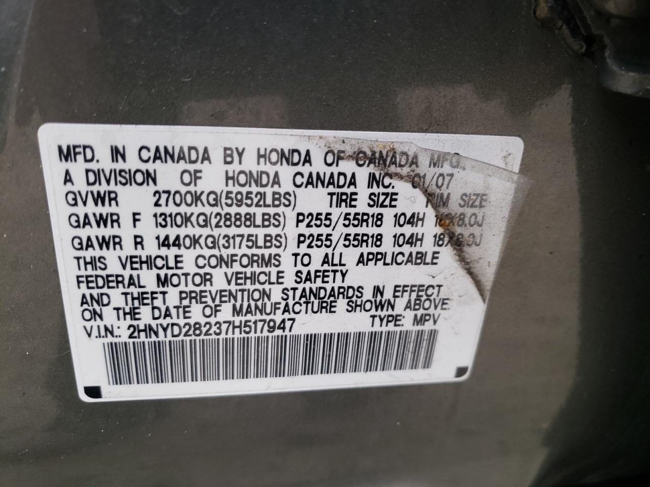 Photo 10 from auction – 2007 ACURA MDX with VIN 2HNYD28237H517947