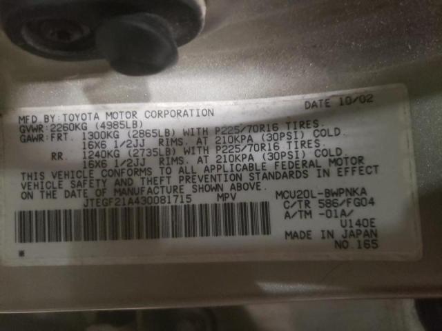 Photo 10 from auction – 2003 TOYOTA HIGHLANDER with VIN JTEGF21A430081715