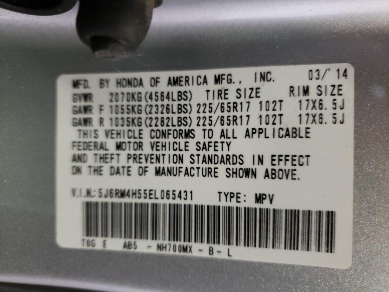 Photo 10 from auction – 2014 HONDA CR-V EX with VIN 5J6RM4H55EL065431