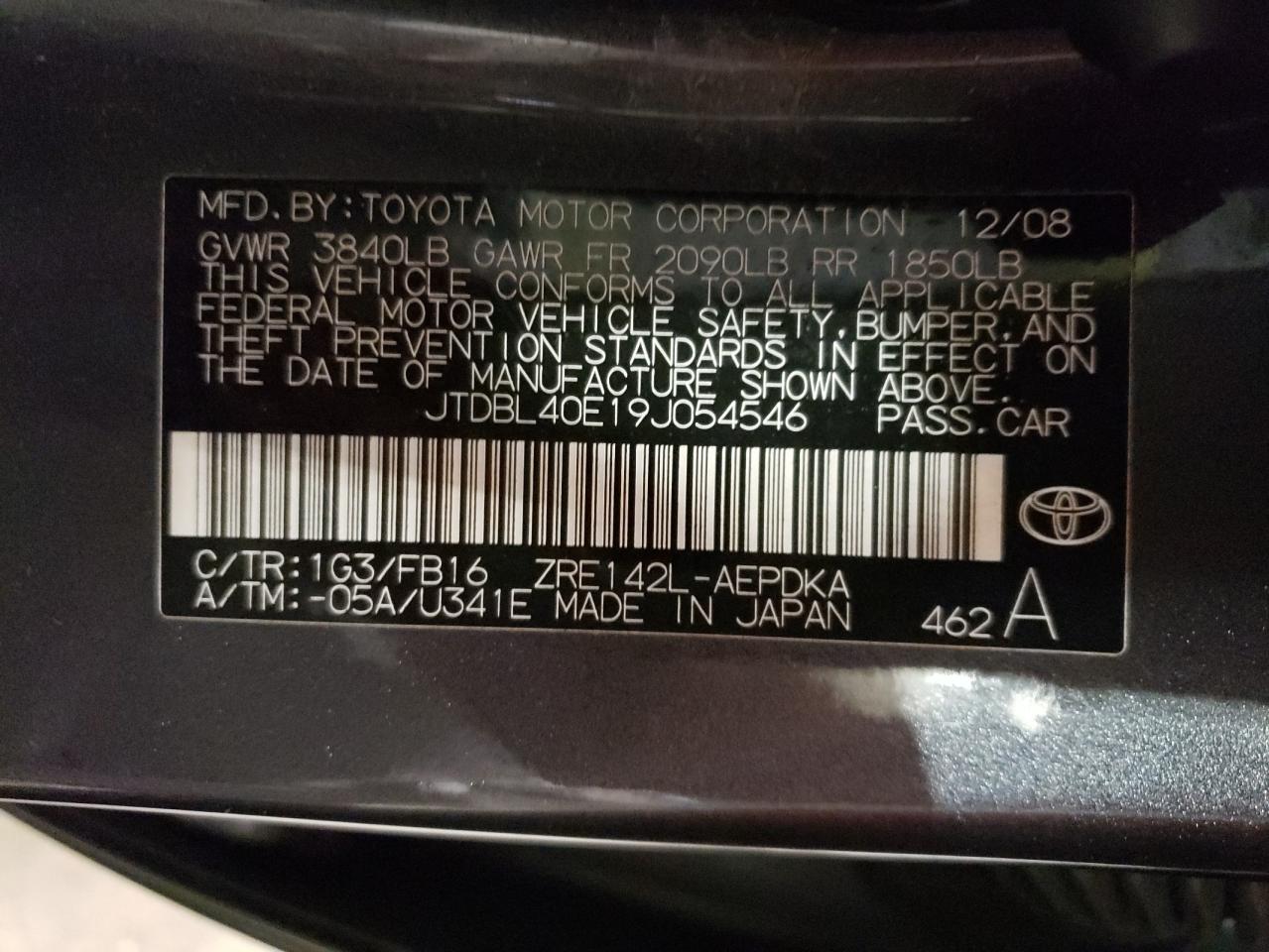 Photo 10 from auction – 2009 TOYOTA COROLLA BA with VIN JTDBL40E19J054546