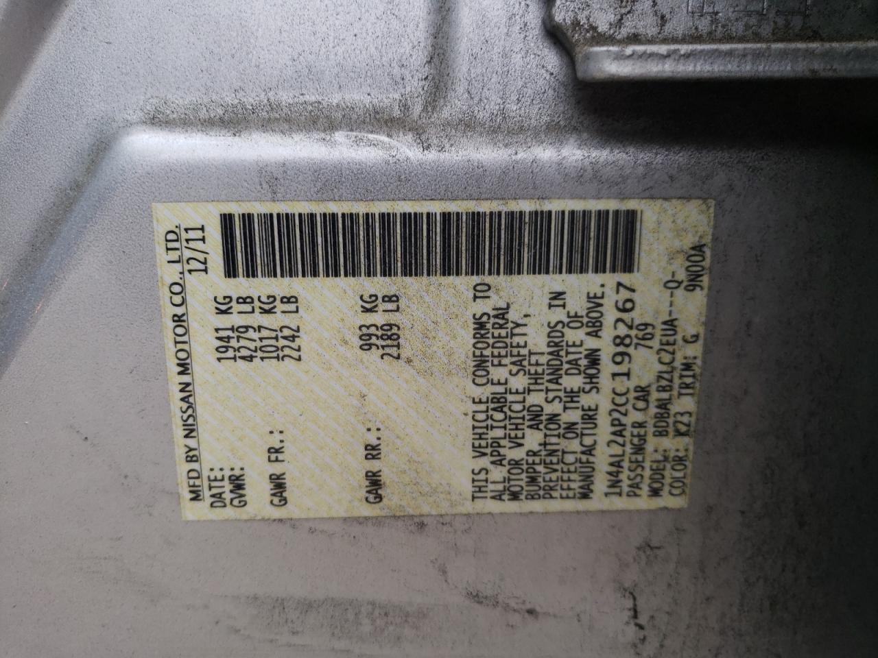 Photo 10 from auction – 2012 NISSAN ALTIMA BAS with VIN 1N4AL2AP2CC198267