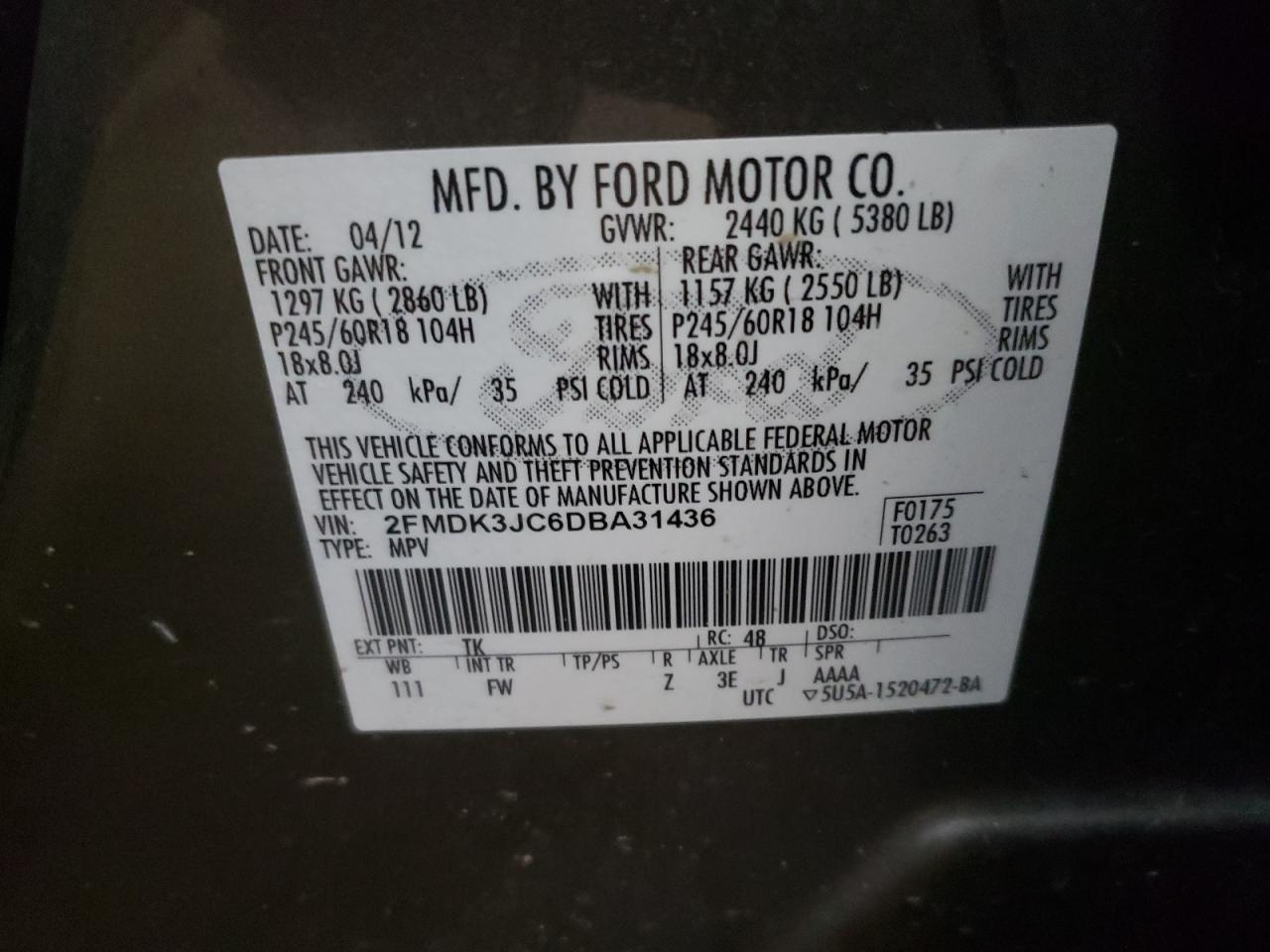 Photo 10 from auction – 2013 FORD EDGE SEL with VIN 2FMDK3JC6DBA31436