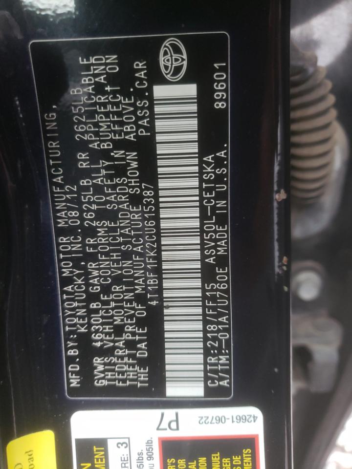 Photo 10 from auction – 2012 TOYOTA CAMRY BASE with VIN 4T1BF1FK2CU615387