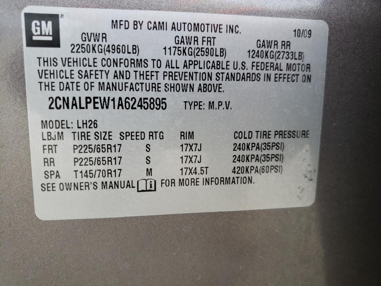 Photo 10 from auction – 2010 CHEVROLET EQUINOX LS with VIN 2CNALPEW1A6245895