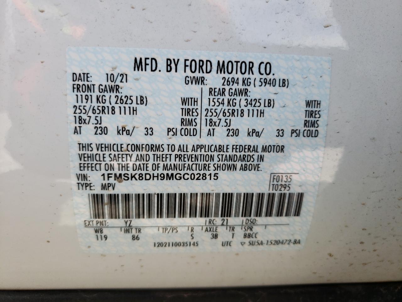 Photo 10 from auction – 2021 FORD EXPLORER X with VIN 1FMSK8DH9MGC02815