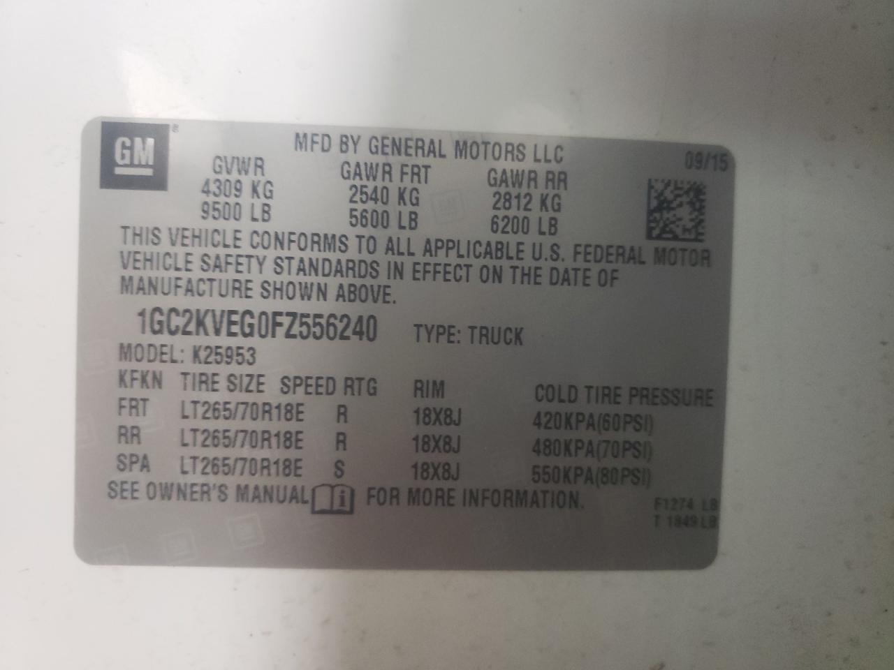 Photo 10 from auction – 2015 CHEVROLET SILVERADO with VIN 1GC2KVEG0FZ556240