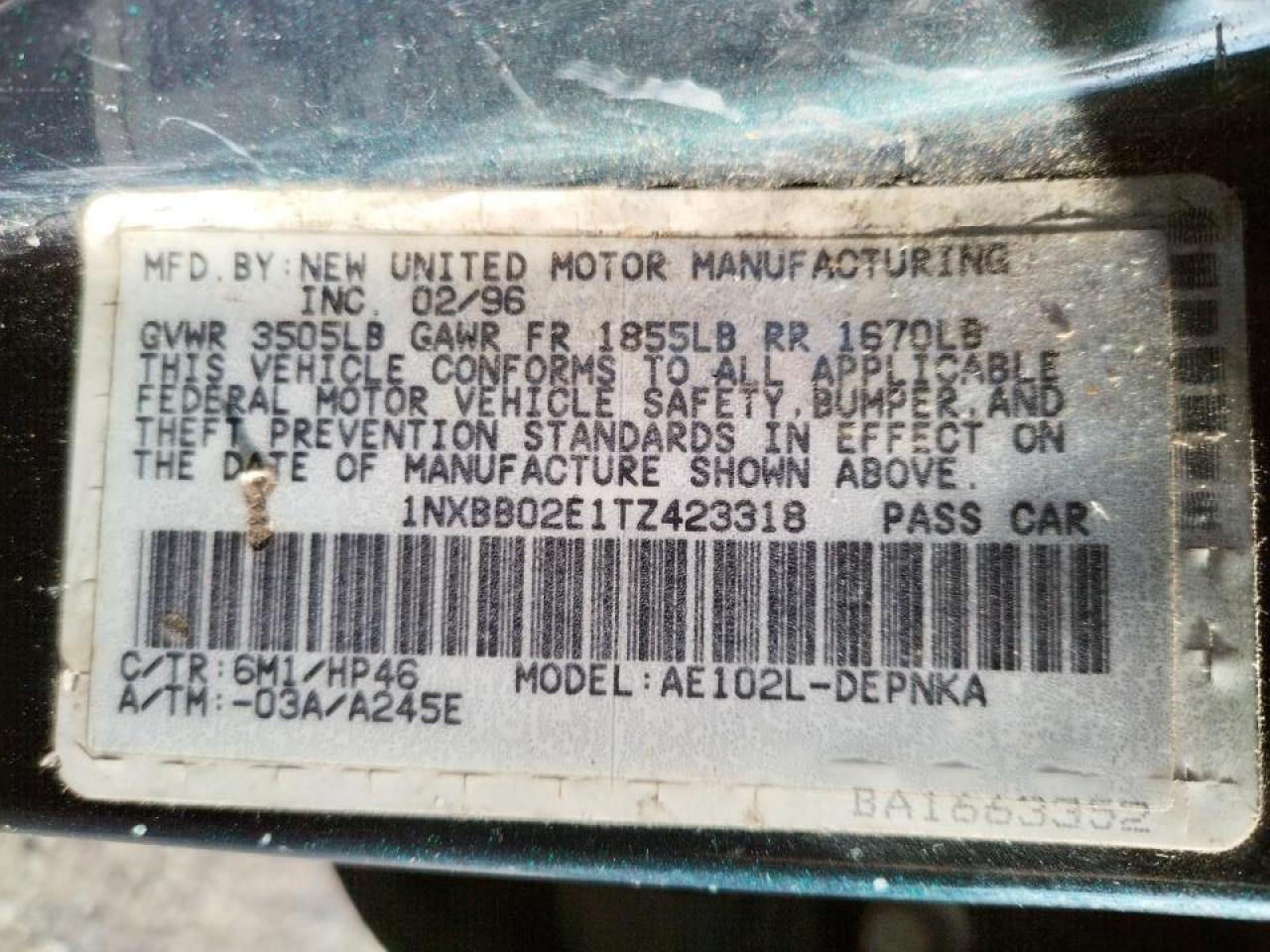 Photo 10 from auction – 1996 TOYOTA COROLLA DX with VIN 1NXBB02E1TZ423318