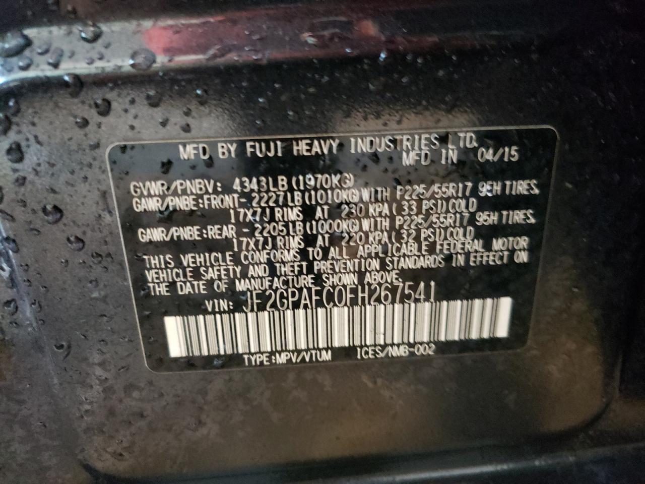Photo 10 from auction – 2015 SUBARU XV CROSSTR with VIN JF2GPAFC0FH267541