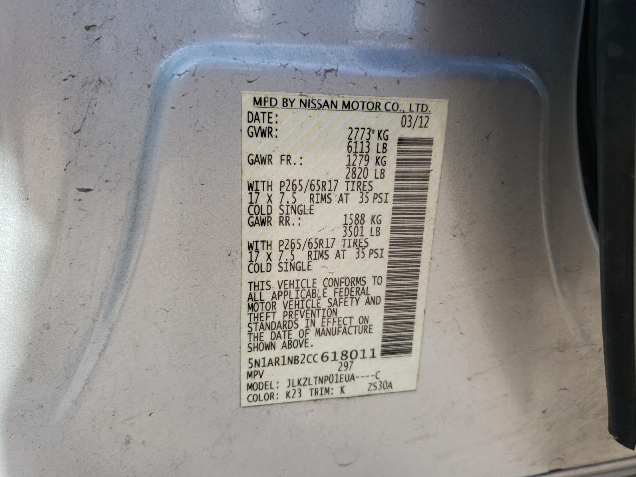 Photo 10 from auction – 2012 NISSAN PATHFINDER with VIN 5N1AR1NB2CC618011
