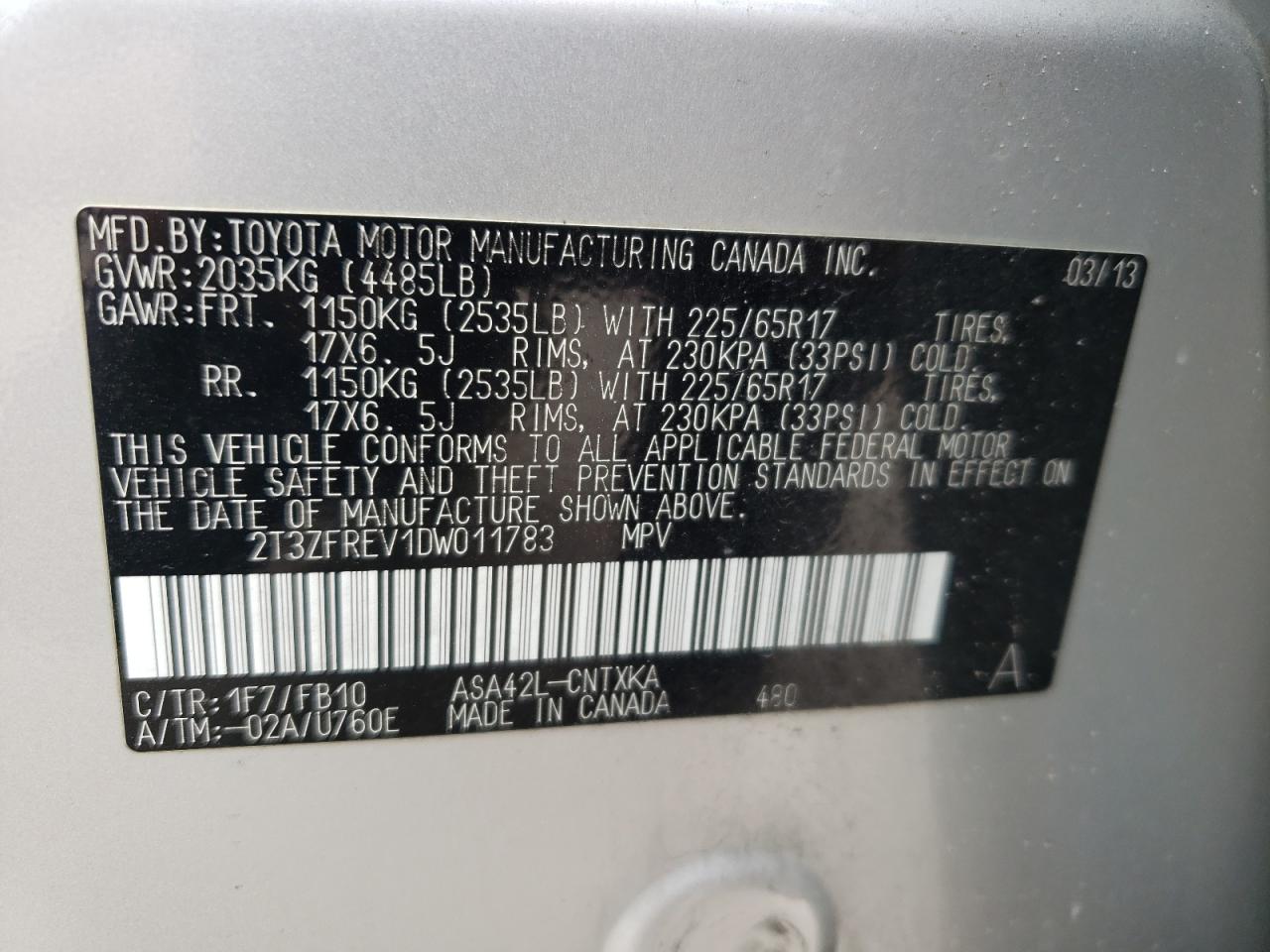Photo 10 from auction – 2013 TOYOTA RAV4 LE with VIN 2T3ZFREV1DW011783