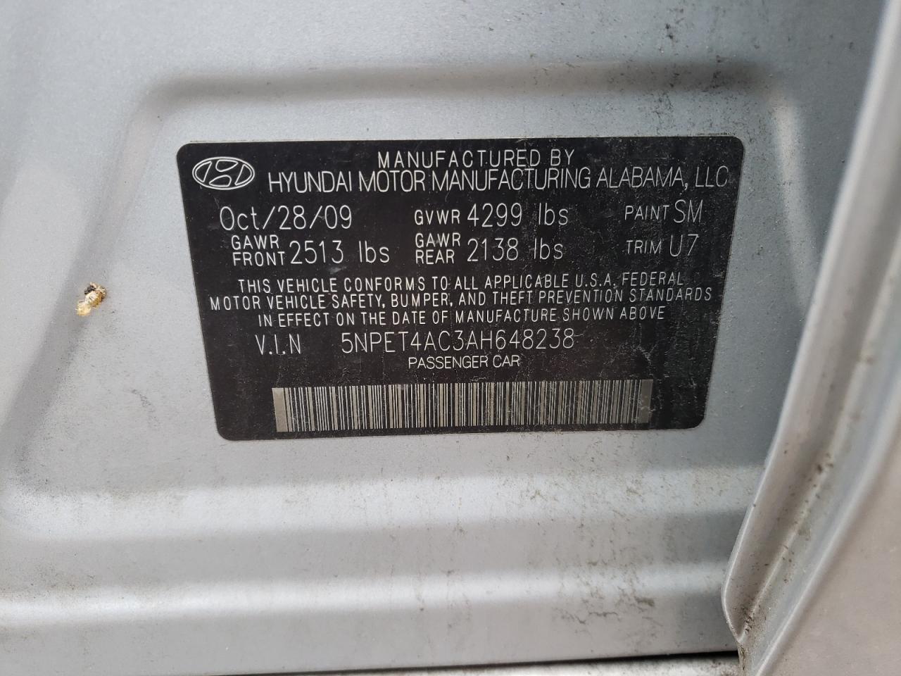 Photo 10 from auction – 2010 HYUNDAI SONATA GLS with VIN 5NPET4AC3AH648238